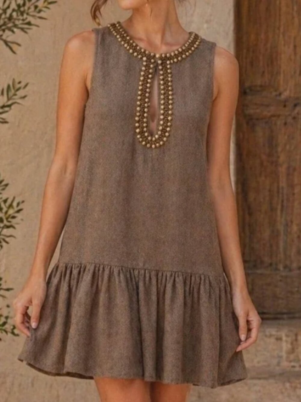Anthropologie Brown Embellished Keyhole Drop-Waist Dress